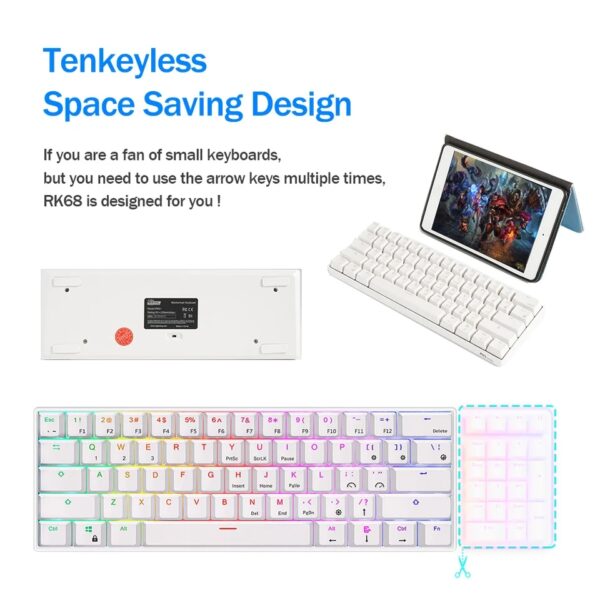 RK ROYAL KLUDGE RK61 61 Keys Mechanical Keyboard , 3 Connection Modes USB-2.4Ghz/Bluetooth/Wired/ Wireless - RGB Hot Swappable Blue Switch Gaming Keyboard - Arabic / English - White - Image 10