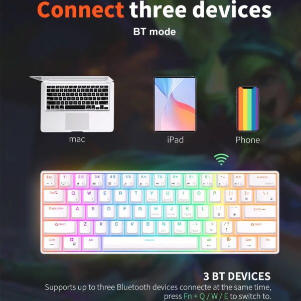 RK ROYAL KLUDGE RK61 61 Keys Mechanical Keyboard , 3 Connection Modes USB-2.4Ghz/Bluetooth/Wired/ Wireless - RGB Hot Swappable Blue Switch Gaming Keyboard - Arabic / English - White - Image 8