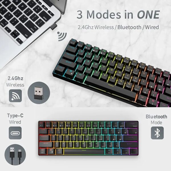 RK ROYAL KLUDGE RK61 61 Keys Mechanical Keyboard , 3 Connection Modes USB-2.4Ghz/Bluetooth/Wired/ Wireless - RGB Hot Swappable BROWN Switch Gaming Keyboard - Arabic / English - BLACK - Image 5