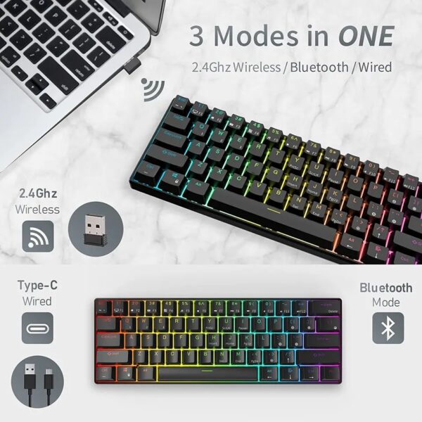 RK ROYAL KLUDGE RK61 61 Keys Mechanical Keyboard , 3 Connection Modes USB-2.4Ghz/Bluetooth/Wired/ Wireless - RGB Hot Swappable Blue Switch Gaming Keyboard - Arabic / English - BLACK - Image 5