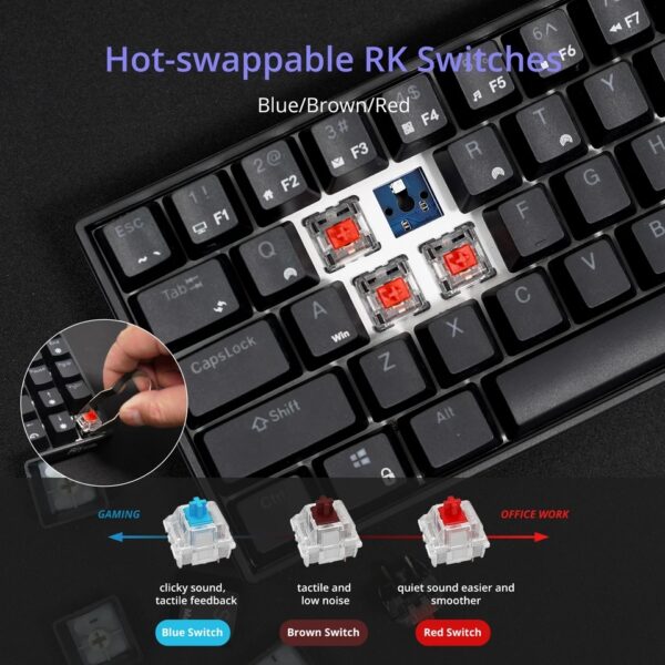 RK ROYAL KLUDGE RK61 61 Keys Mechanical Keyboard , 3 Connection Modes USB-2.4Ghz/Bluetooth/Wired/ Wireless - RGB Hot Swappable BROWN Switch Gaming Keyboard - Arabic / English - BLACK - Image 3