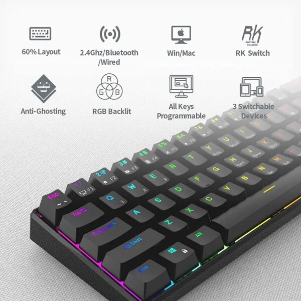 RK ROYAL KLUDGE RK61 61 Keys Mechanical Keyboard , 3 Connection Modes USB-2.4Ghz/Bluetooth/Wired/ Wireless - RGB Hot Swappable BROWN Switch Gaming Keyboard - Arabic / English - BLACK - Image 4