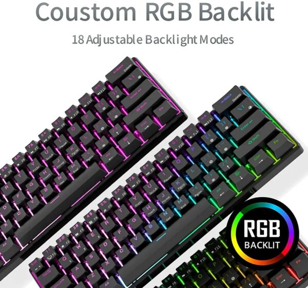 RK ROYAL KLUDGE RK61 61 Keys Mechanical Keyboard , 3 Connection Modes USB-2.4Ghz/Bluetooth/Wired/ Wireless - RGB Hot Swappable Blue Switch Gaming Keyboard - Arabic / English - BLACK - Image 2