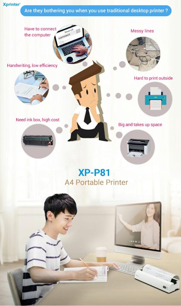 Xprinter XP-P81  Wireless / USB Wired Thermal Printer - Rechargeable - Bluetooth / WiFi Connectivity - up to A4 Paper Size-  Compact & Portable - Compatible with Windows/Android/Mac - WHITE - Image 6