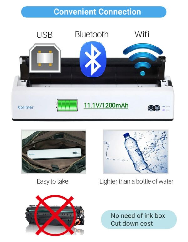 Xprinter XP-P81  Wireless / USB Wired Thermal Printer - Rechargeable - Bluetooth / WiFi Connectivity - up to A4 Paper Size-  Compact & Portable - Compatible with Windows/Android/Mac - WHITE - Image 2