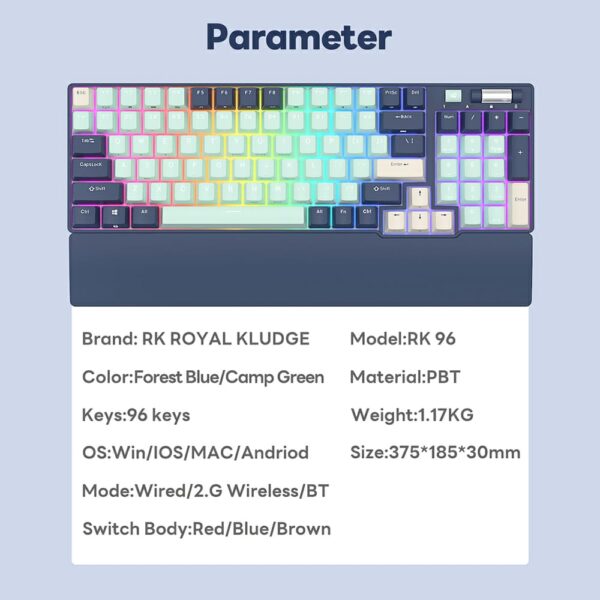 RK ROYAL KLUDGE RK96 Mechanical Keyboard , Programable 96 Keys Hot Swappable Brown Switches – Triple Mode Connectivity BT5.0/2.4G/USB-C , RGB Backlight With Detachable Magnetic Wrist Rest , English/Arabic – Forest Blue - Image 10