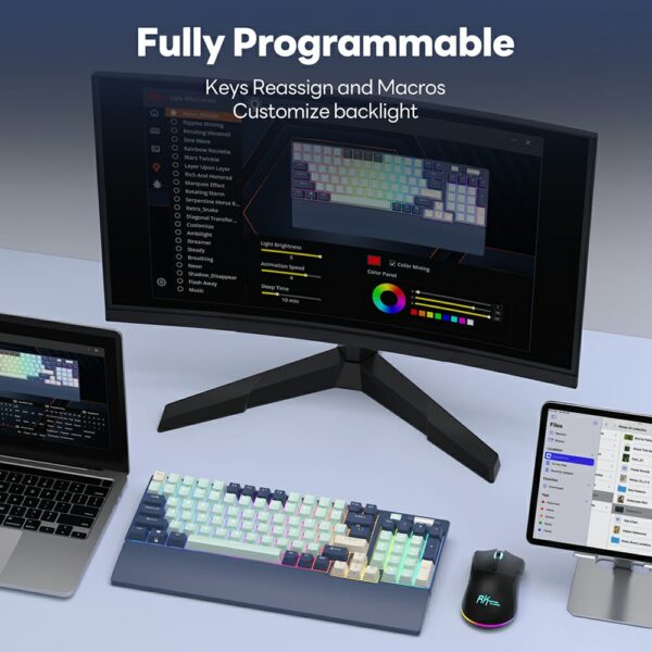 RK ROYAL KLUDGE RK96 Mechanical Keyboard , Programable 96 Keys Hot Swappable Brown Switches – Triple Mode Connectivity BT5.0/2.4G/USB-C , RGB Backlight With Detachable Magnetic Wrist Rest , English/Arabic – Forest Blue - Image 9