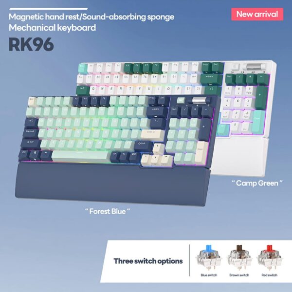 RK ROYAL KLUDGE RK96 Mechanical Keyboard , Programable 96 Keys Hot Swappable Brown Switches – Triple Mode Connectivity BT5.0/2.4G/USB-C , RGB Backlight With Detachable Magnetic Wrist Rest , English/Arabic – Forest Blue - Image 2