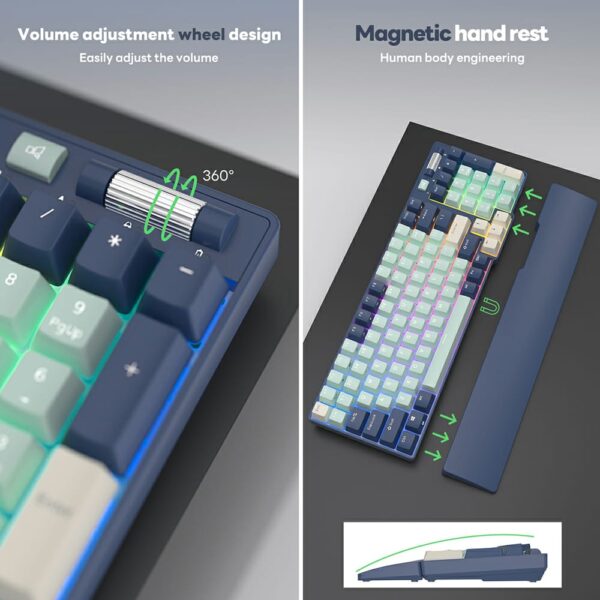 RK ROYAL KLUDGE RK96 Mechanical Keyboard , Programable 96 Keys Hot Swappable Brown Switches – Triple Mode Connectivity BT5.0/2.4G/USB-C , RGB Backlight With Detachable Magnetic Wrist Rest , English/Arabic – Forest Blue - Image 3