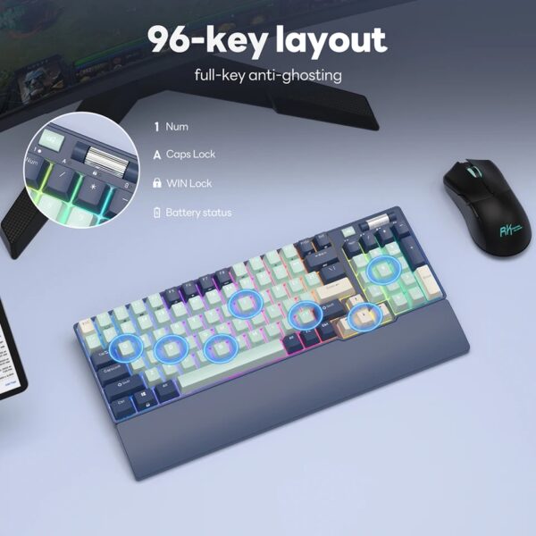 RK ROYAL KLUDGE RK96 Mechanical Keyboard , Programable 96 Keys Hot Swappable Brown Switches – Triple Mode Connectivity BT5.0/2.4G/USB-C , RGB Backlight With Detachable Magnetic Wrist Rest , English/Arabic – Forest Blue - Image 13
