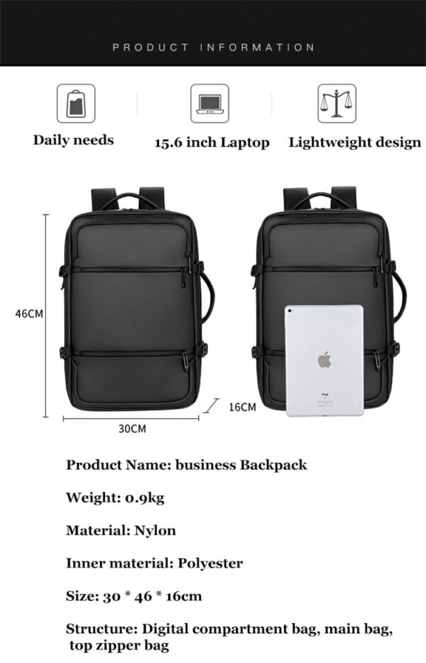 Laptop Backpack - Holds up to 15.6" Laptops & Tablets - Waterproof - Ergonomic Softback - Electronics Impact Protection - Luggage Strap - Organized Pockets - Suitable for Travel, University , Collage , School - BLACK - Image 4