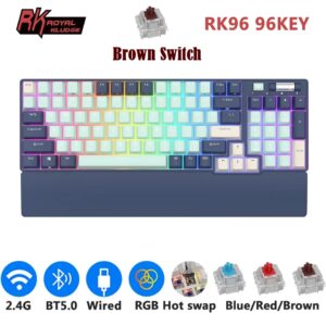 RK ROYAL KLUDGE RK96 Mechanical Keyboard , Programable 96 Keys Hot Swappable Brown Switches – Triple Mode Connectivity BT5.0/2.4G/USB-C , RGB Backlight With Detachable Magnetic Wrist Rest , English/Arabic – Forest Blue