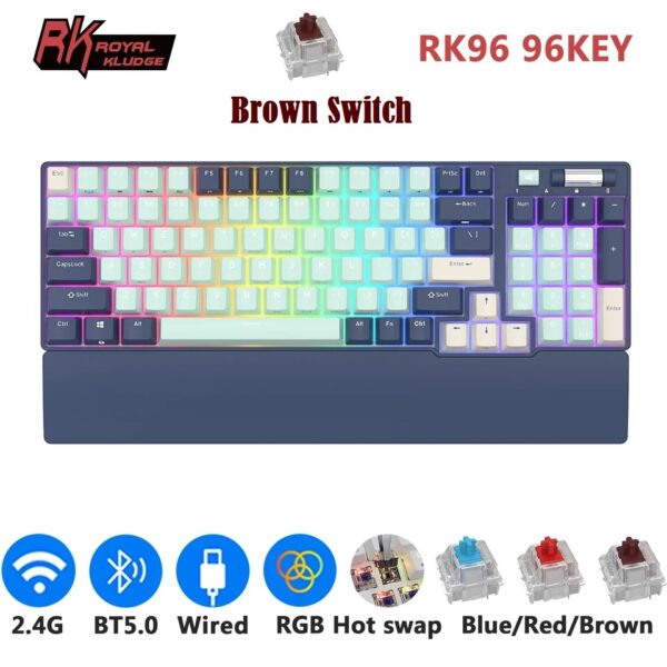 RK ROYAL KLUDGE RK96 Mechanical Keyboard , Programable 96 Keys Hot Swappable Brown Switches – Triple Mode Connectivity BT5.0/2.4G/USB-C , RGB Backlight With Detachable Magnetic Wrist Rest , English/Arabic – Forest Blue