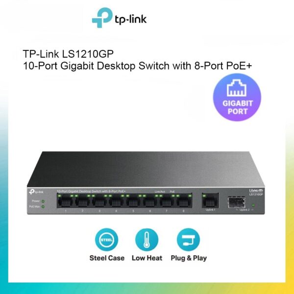 TP-Link 10-Port Gigabit Desktop Switch with 8-Port PoE+, 61 W PoE Budget, 30 W PoE output, Up to 250m PoE Transmission. Traffic Separation, Plug and Play, Fanless, Metal Case (LS1210GP)