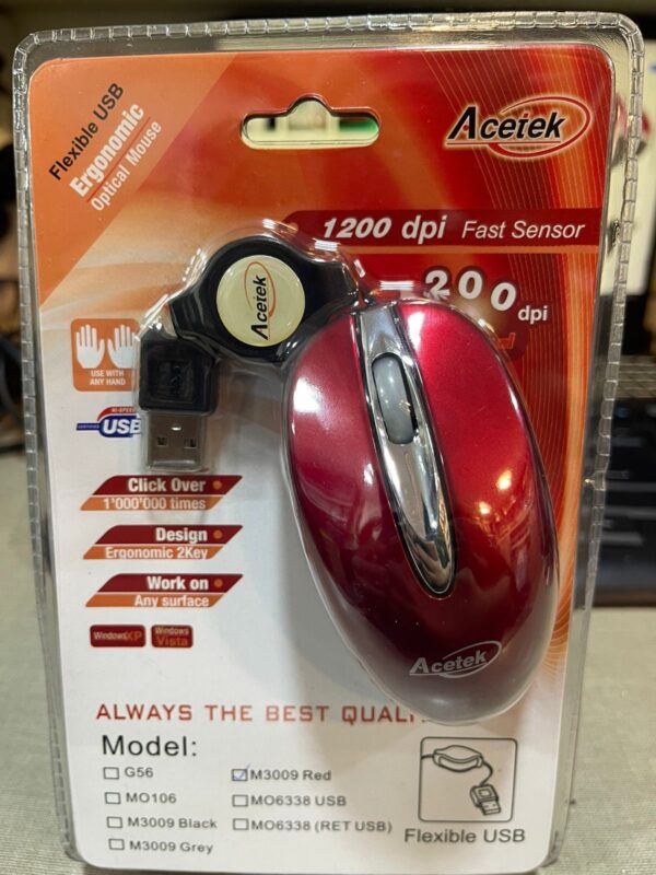 MOUSE ACETEK RETRACTABLE USB WIRED RED M3009