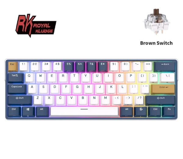 RK61 Plus ROYAL KLUDGE  Tri-mode Connectivity Mechanical Keyboard 2.4G Wireless Bluetooth RGB Backlit 61 Programmable Keys 60% Layout , Hot-swappable Brown Switch , Klein Hub Design - English/Arabic