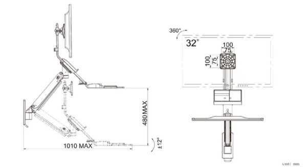 Sit Stand Workstation Wall Mount Height Adjustable Sit-Stand Converter for 22” -32” Screens with Keyboard Tray, VESA 75/100, Load Capacity from 3 – 9 kg - Image 8