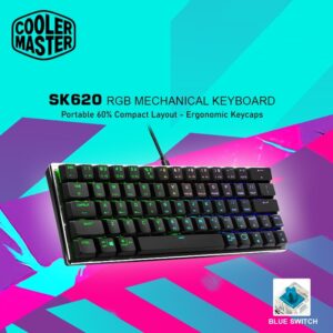 Cooler Master SK620 60% Space Gray Mechanical Low Profile Gaming Keyboard, Blue Switches, Customizable RGB, Ergonomic Design, Brushed Aluminum Panel ,USB-C Connectivity, Mac/Windows