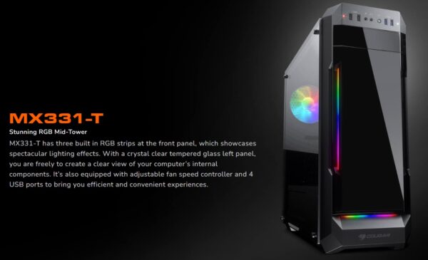 COUGAR MX331-T GAMING MID TOWER ARGB CASE TEMPERED GLASS SIDE PANEL , 3 Built in ARGB strips ,  Adjustable Fan Speed Controller , 4 USB Ports ,Pre-installed ARGB Fan BLACK - Image 2