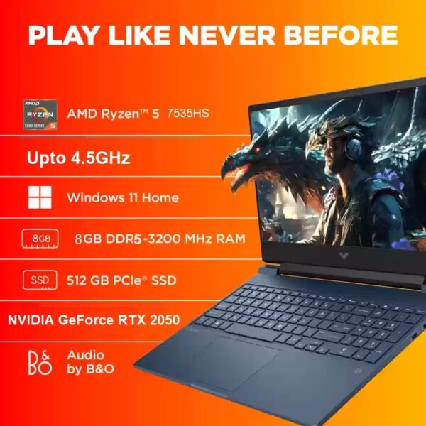 HP Victus 15-FB1013DX Gaming Laptop , AMD Ryzen 5 7535HS Upto 4.5GHz, 8GB RAM, 512GB SSD, NVIDIA GeForce RTX 2050, 15.6" 144Hz FHD Display , Backlit keys, Windows 11 Home | NEW REFURBISHED