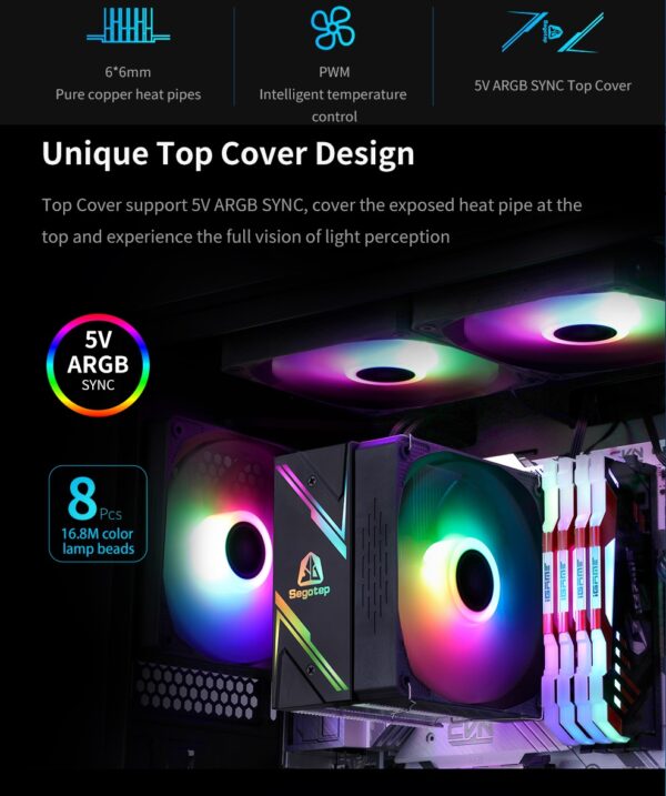 SEGOTEP LUMOS G6 - Air CPU Cooler ARGB Cooling Fan 6 Copper Heat Pipes CPU Radiator with FDB Bearing 120mm Fan PWM 1800 RPM - 82 CFM - RGB Top cover  (Black) - Image 10