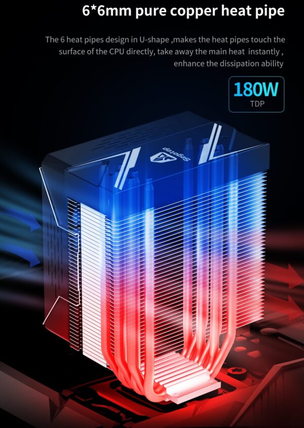 SEGOTEP LUMOS G6 - Air CPU Cooler ARGB Cooling Fan 6 Copper Heat Pipes CPU Radiator with FDB Bearing 120mm Fan PWM 1800 RPM - 82 CFM - RGB Top cover  (Black) - Image 9
