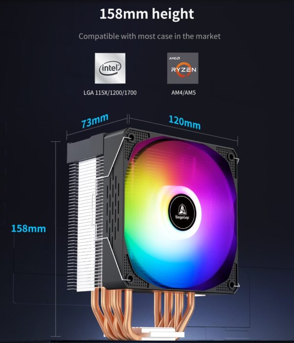 SEGOTEP LUMOS G6 - Air CPU Cooler ARGB Cooling Fan 6 Copper Heat Pipes CPU Radiator with FDB Bearing 120mm Fan PWM 1800 RPM - 82 CFM - RGB Top cover  (Black) - Image 5