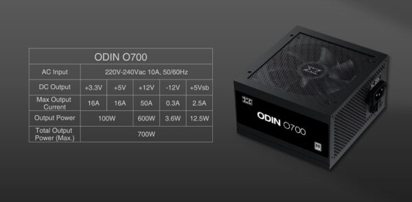 Xigmatek ODIN O700 Power Supply , 700W, 80 Plus Certified , Flat Cables - Single 12V Input - Active PFC  - 120mm Fan - 140mm Length PSU - Multi GPU Support - Black - Image 3