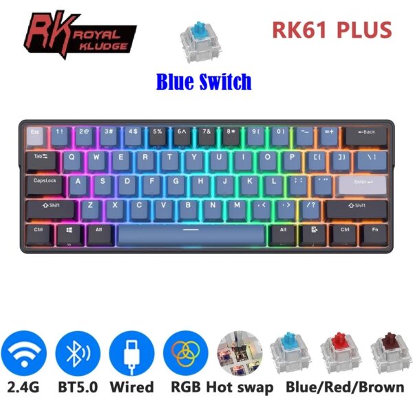 RK61 Plus ROYAL KLUDGE  Tri-mode Connectivity Mechanical Keyboard 2.4G Wireless Bluetooth RGB Backlit 61 Programmable Keys 60% Layout , Hot-swappable Blue Switch , Indigo Hub Design - English/Arabic