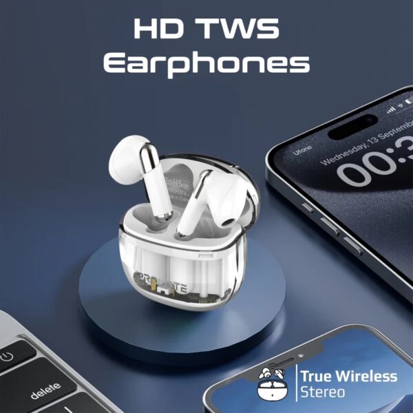 PROMATE High Definition Transparent TWS Earbuds with IntelliTouch - Active Noise Cancellation - Bluetooth V 5.3 - Compact Transparent Design - White - Image 2