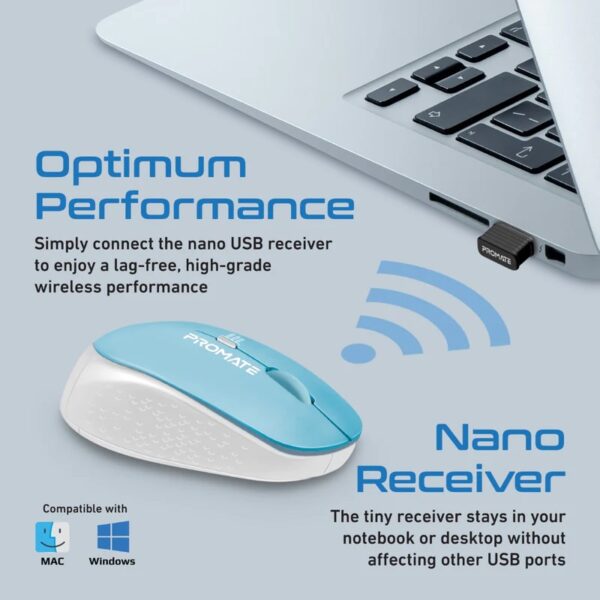 Promate TRACKER Wireless Mouse, Comfortable Ambidextrous 2.4GHz Ergonomic with 1600DPI, Nano USB Receiver , 10m Working Range - BLUE