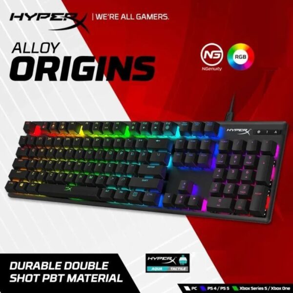 HyperX Alloy Origins PBT - Mechanical Gaming Keyboard, PBT Keycaps, RGB lighting, Compact, Aluminum Body, Customizable with HyperX NGENUITY, Onboard Memory - HyperX Tactile Aqua Switch