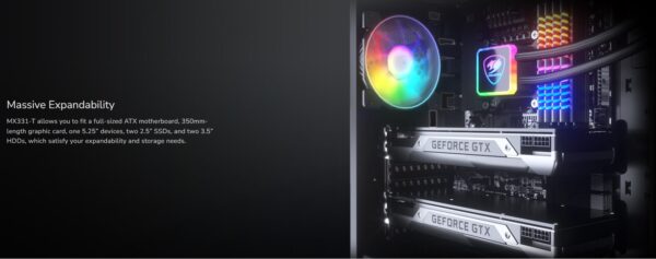 COUGAR MX331-T GAMING MID TOWER ARGB CASE TEMPERED GLASS SIDE PANEL , 3 Built in ARGB strips ,  Adjustable Fan Speed Controller , 4 USB Ports ,Pre-installed ARGB Fan BLACK - Image 3