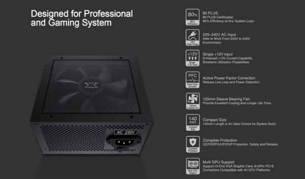 Xigmatek ODIN O700 Power Supply , 700W, 80 Plus Certified , Flat Cables - Single 12V Input - Active PFC  - 120mm Fan - 140mm Length PSU - Multi GPU Support - Black - Image 9