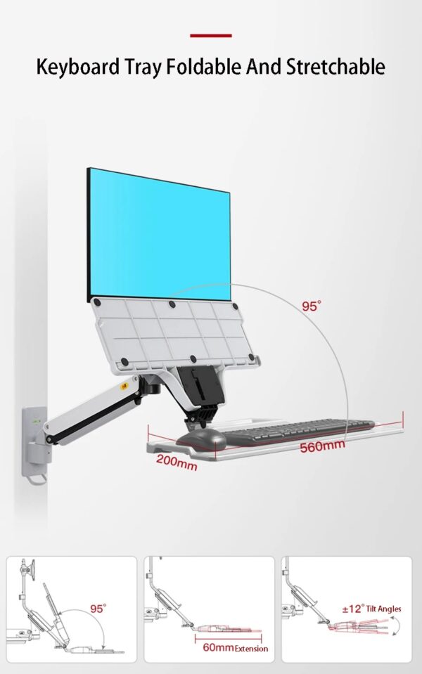 Sit Stand Workstation Wall Mount Height Adjustable Sit-Stand Converter for 22” -32” Screens with Keyboard Tray, VESA 75/100, Load Capacity from 3 – 9 kg - Image 3